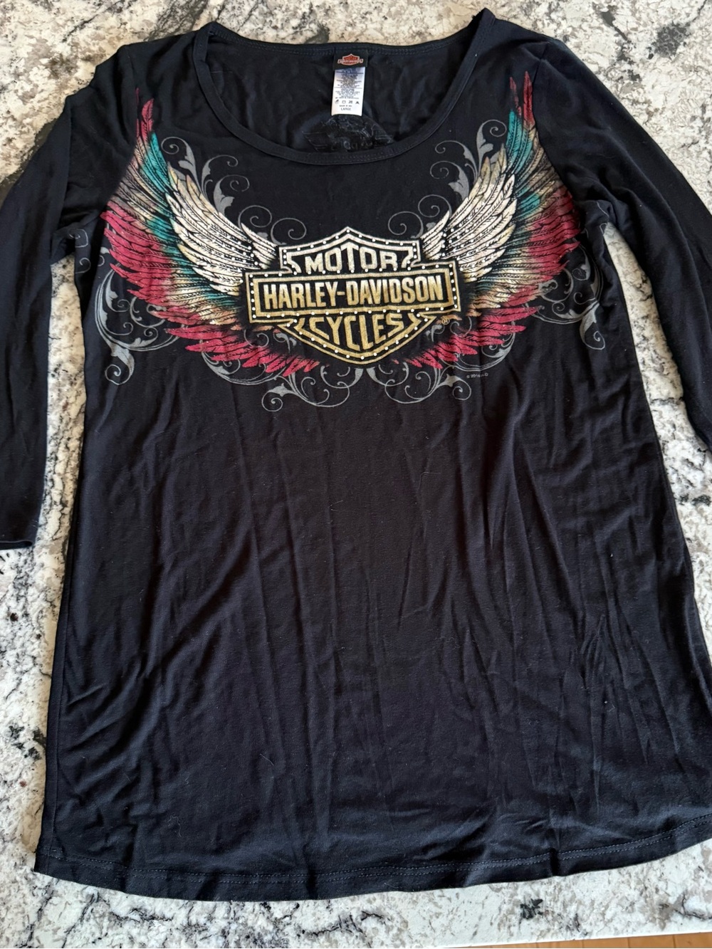 Harley-Davidson Black Long Sleeve Top with Winged Logo and Multicolor Accents